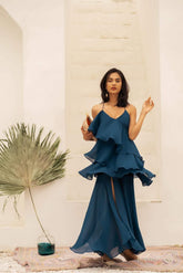 Silk tiered ruffle dress with spaghetti straps and flowing asymmetric layered skirt